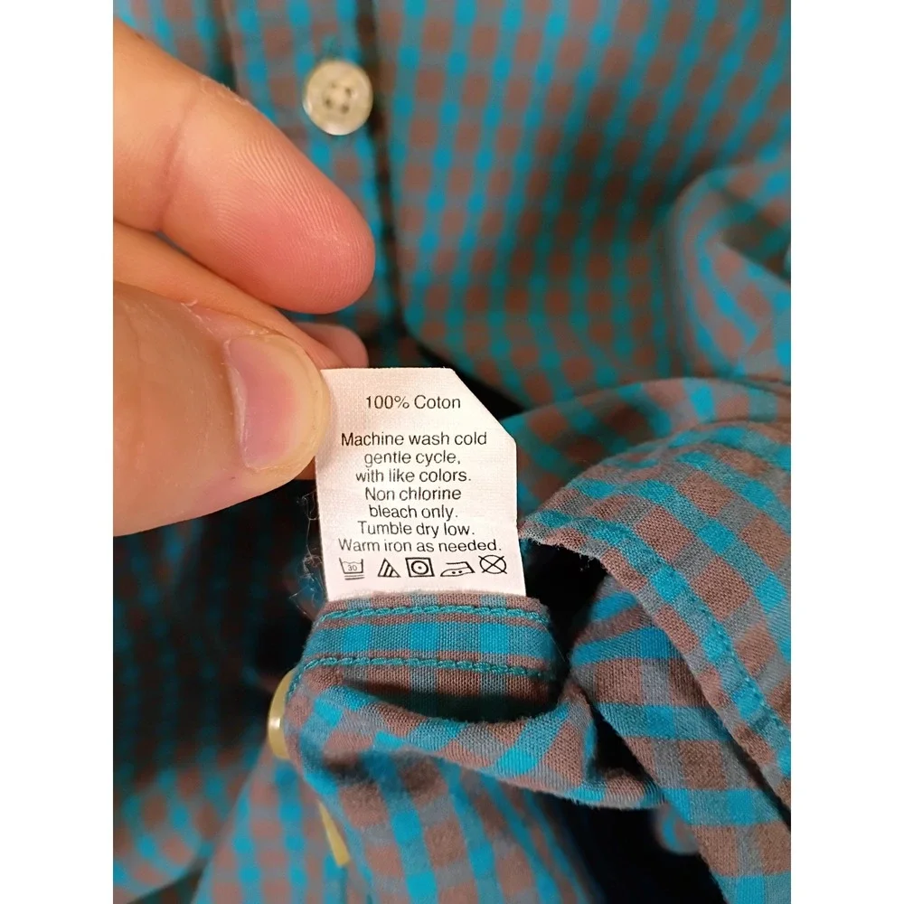Preppy J.Crew Mens Large Teal Micro-Check Slim Fit Cotton Button Down Shirt